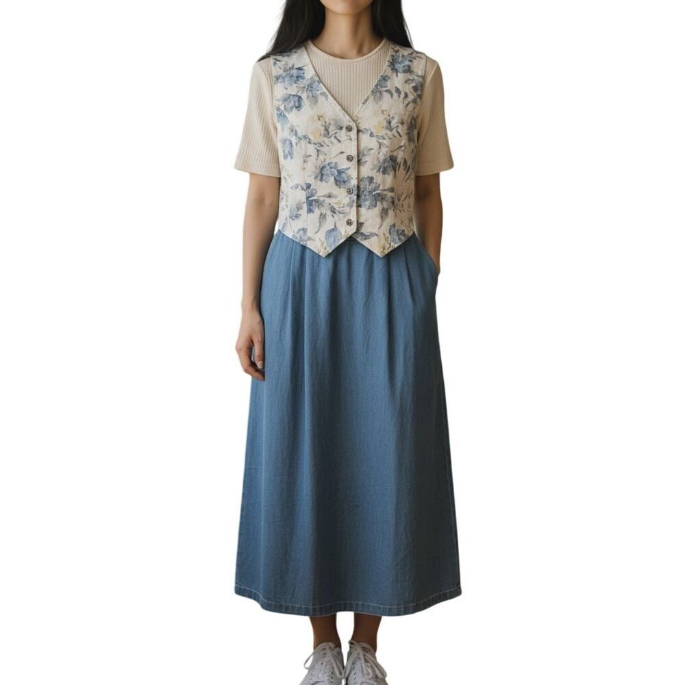 Vintage White Blue Floral Denim Dress Womens Sz Small 80s Folk Prairie Farmhouse